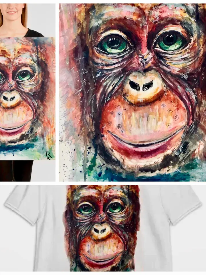 Monkey Short-Sleeve Unisex T-Shirt made with my original watercolour mix media painting,unique gift.