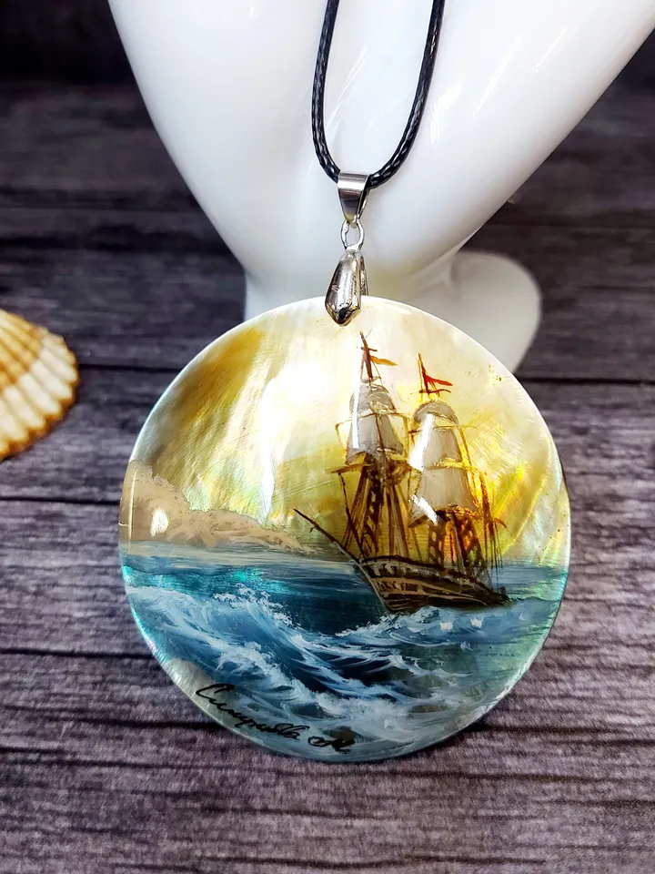 Pearl pendant necklace: Sailboat on the waves painted on shell jewelry • Free sail in sea • Dainty hand made jewellery with ship in ocean