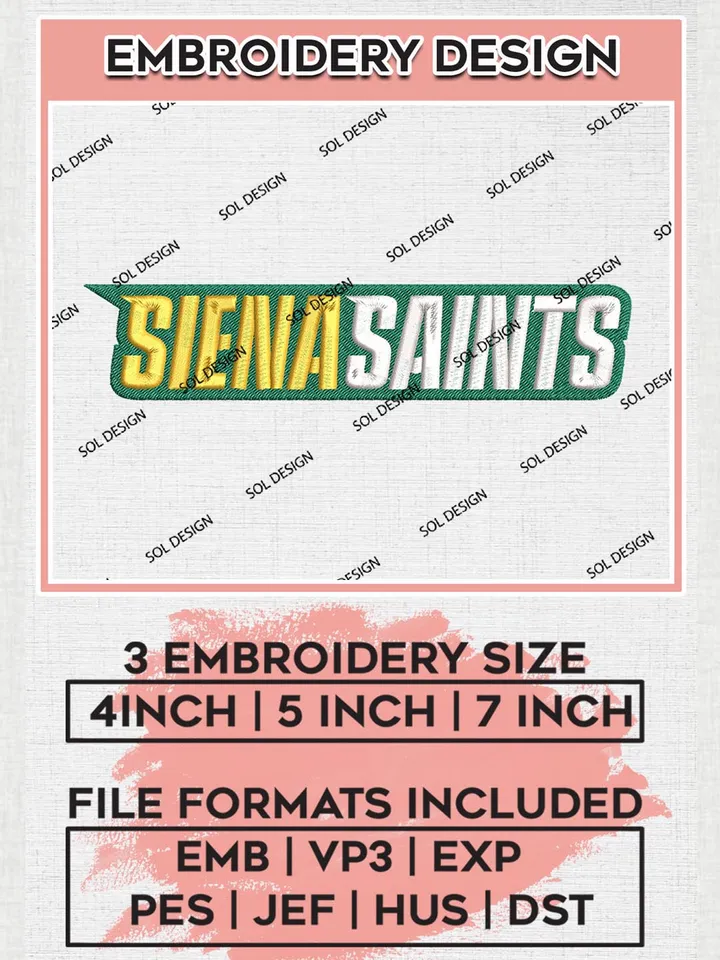 NCAA Siena Saints Football Team Wordmark Logo Embroidery Design Files, NCAA Siena Saints Machine Embroidery, NCAA Teams, 3 sizes, NCAA Machine embroidery designs, Digital Download
