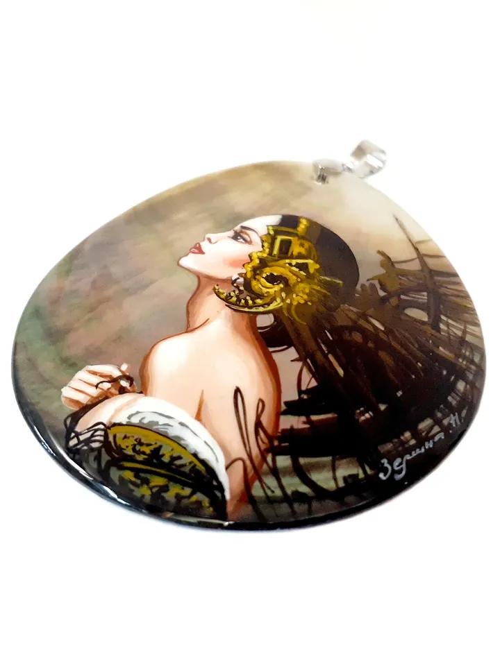 To meet the wind. Mother-of-pearl Russian hand-painted. Hand-painted necklest. MOP. Hand painted miniature painting