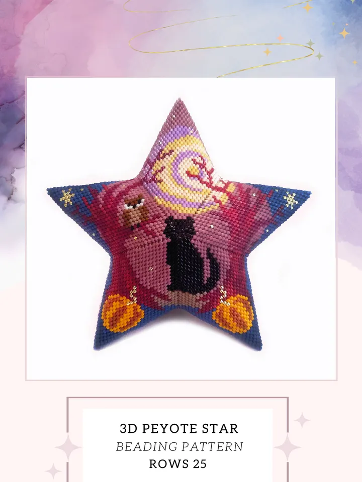 Magic Forest 3D Peyote Star Beading Pattern, Black Cat Halloween Beaded Star PDF Pattern, Seed Bead Ornament