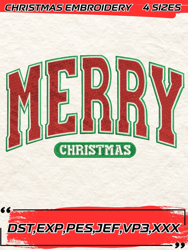 Merry Christmas Embroidery Design,Christmas Embroidery Design,4 Sizes, Digital Download