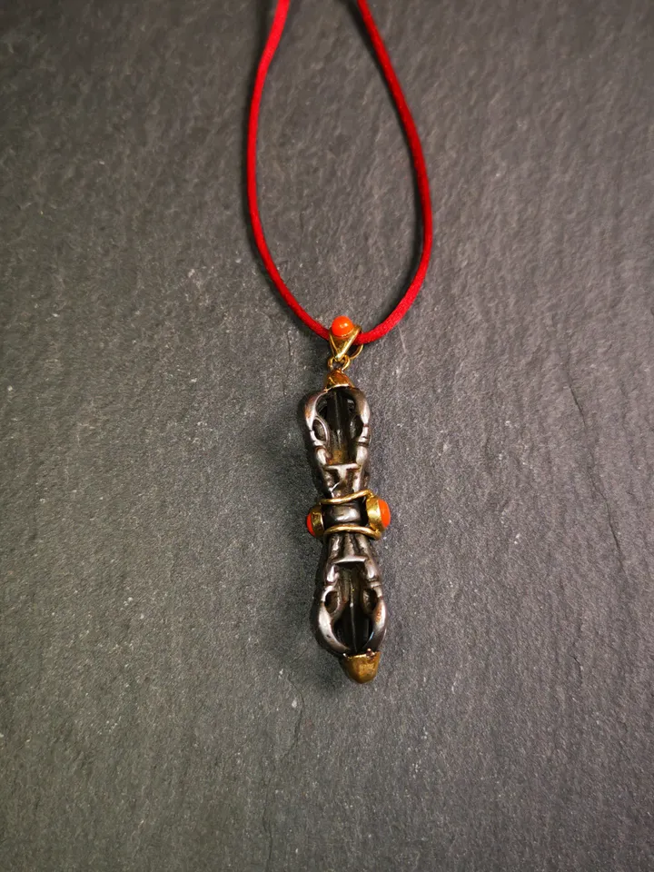 Gandhanra Tibetan Buddhist Amulet,Five-pronged Dorje Vajra Pendant with Leather Chord,Made of Cold Iron,1.77&quot;