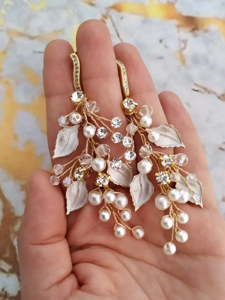 Boho Wedding Earrings, Rose Gold Leaf Chandelier Statement Bridal Earrings, Flower Wedding Earrings, Pearl Wedding Jewelry Swarovski Jewelry