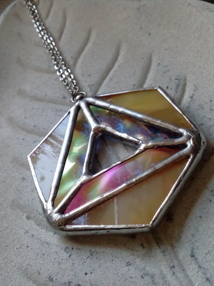 Iridescent stained glass, geometric pendant, Hexagon dichroic necklace, Stained glass cute necklace, Sacred geometry