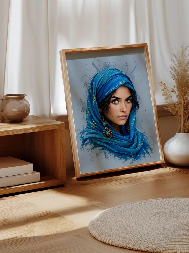 Afghan Woman Portrait Wall Art Modern Indigo Print Middle Eastern Heritage Poster Arab Woman Artwork Blue Gallery Digital Download