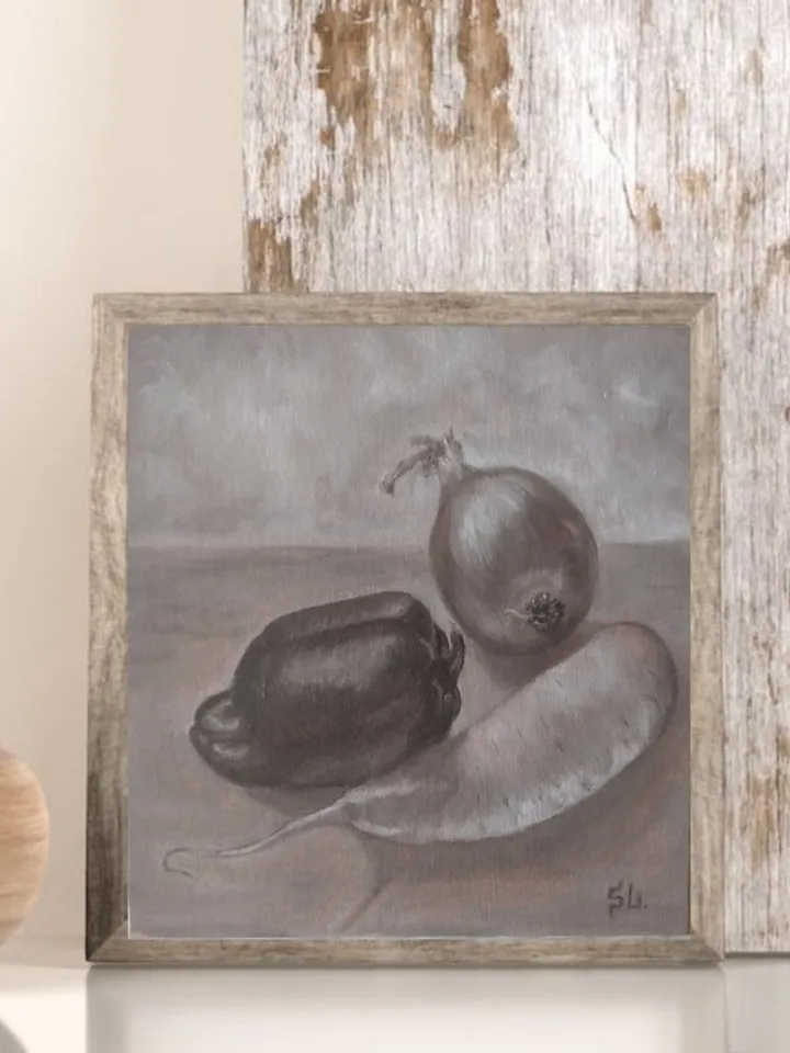 Still Life with Vegetables, Oil Painting with Peppers, Onions and Radishes, Canvas 8x8 inches