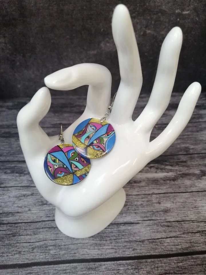 Pearl earrings: Garden flowers and Sunflower hand painted on green mother of pearl earrings • Elegant handcrafted jewelry • Stylish art gift