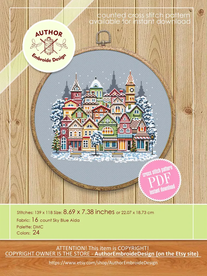 Set of 3 Season houses cross stitch pattern PDF download Christmas city cross stitch chart, Urban landscape pattern digital PDF #E20