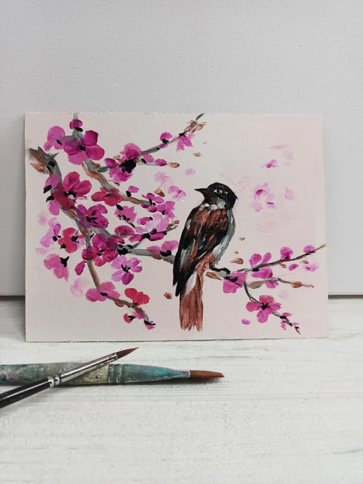 Painting "Sparrow and blossoming plum"/acrylic painting, cardboard 6x8". Author's handmade.
