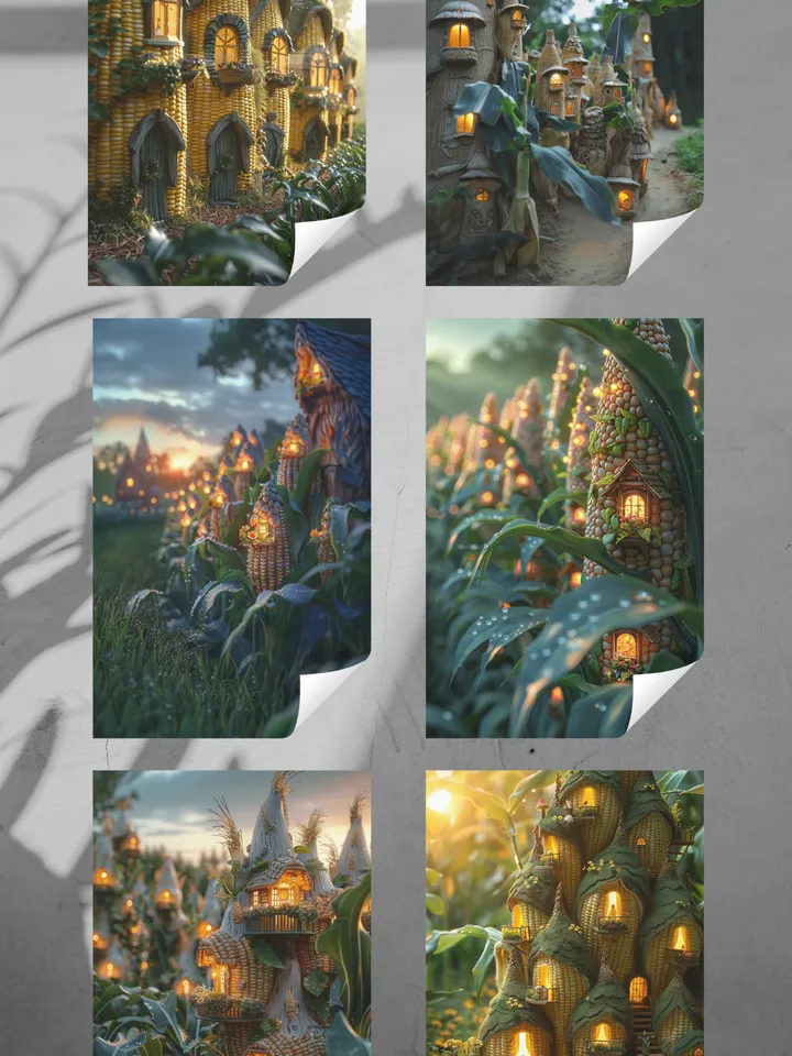Set of 6 Enchanted Fairy and Mythical Creature House Postcards – Fantasy Art Collection. Corn Houses