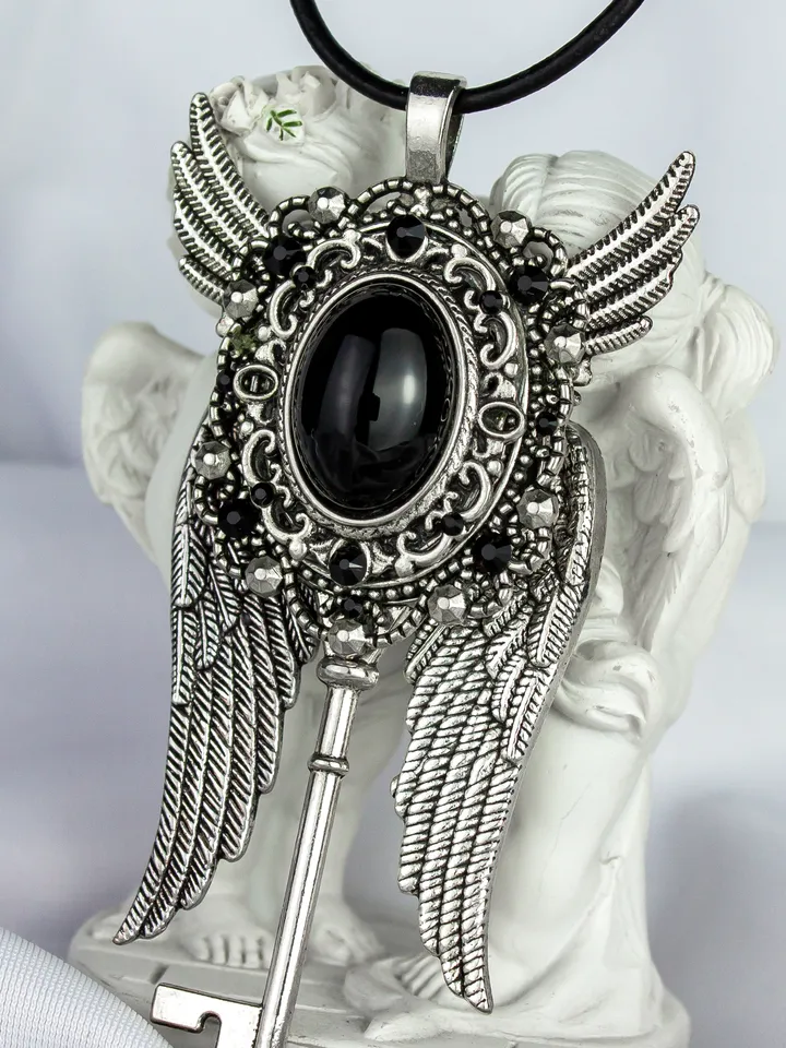 Gothic Winged Key Necklace with Black Obsidian and Swarovski Crystals – Vintage Steampunk Jewelry