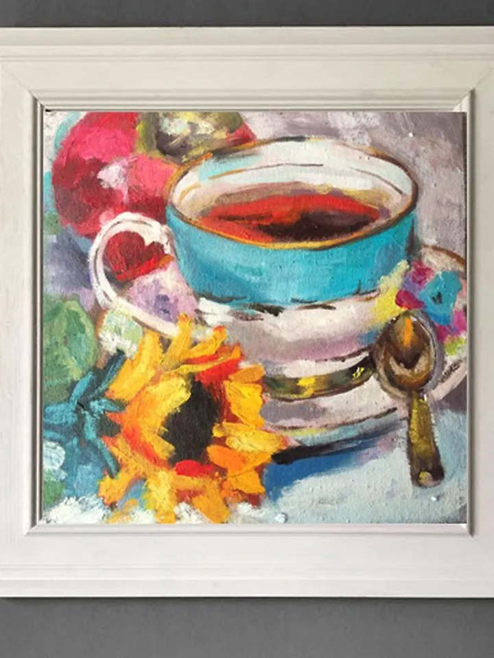 Teacup Oil Painting Sunflower Artwork Tea Painting 20 by 20 cm Floral Wall Art
