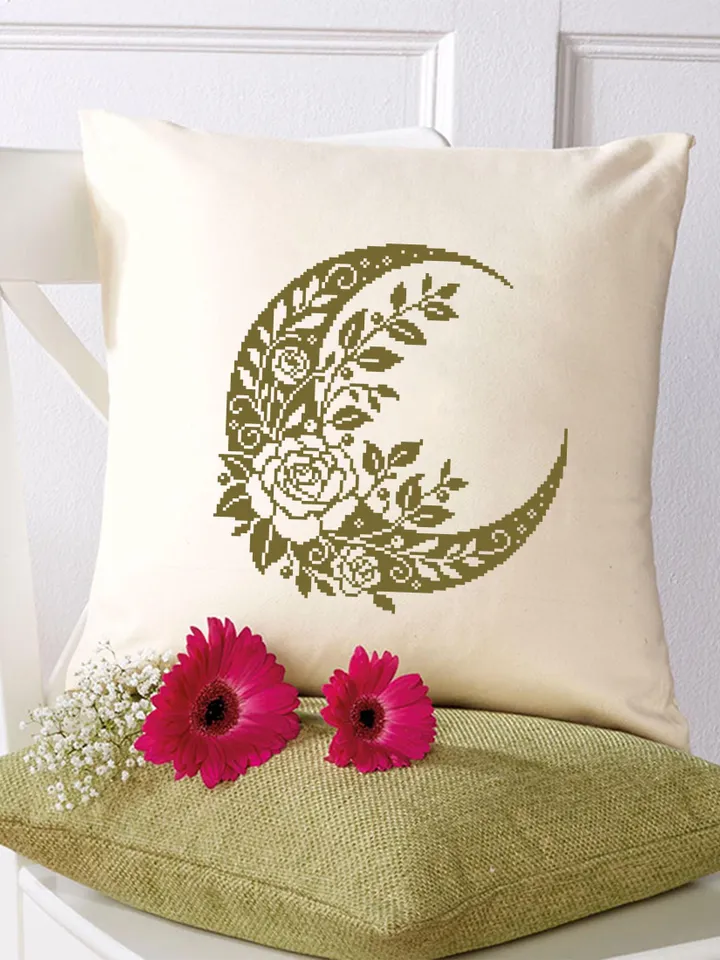 Crescent moon and flowers cross stitch pattern PDF download Floral moon cross stitch chart, Moon pattern digital PDF, Moon embroidery #P50