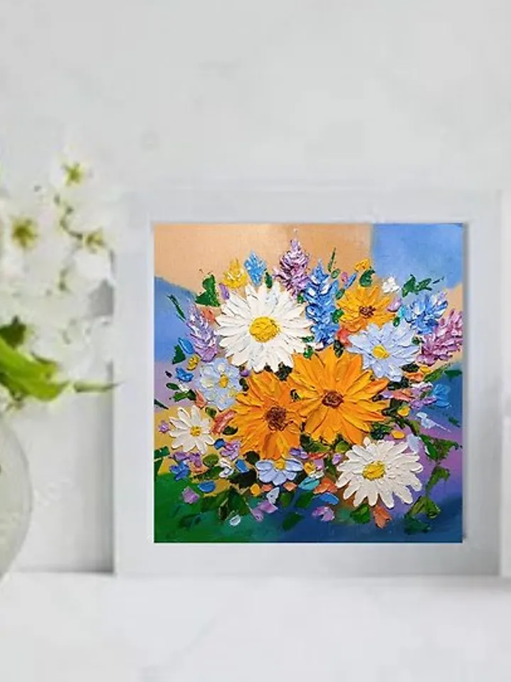 Oil Painting Bright Flowers Chamomile Sunflowers Impasto Art Miniature 6 x 6 in