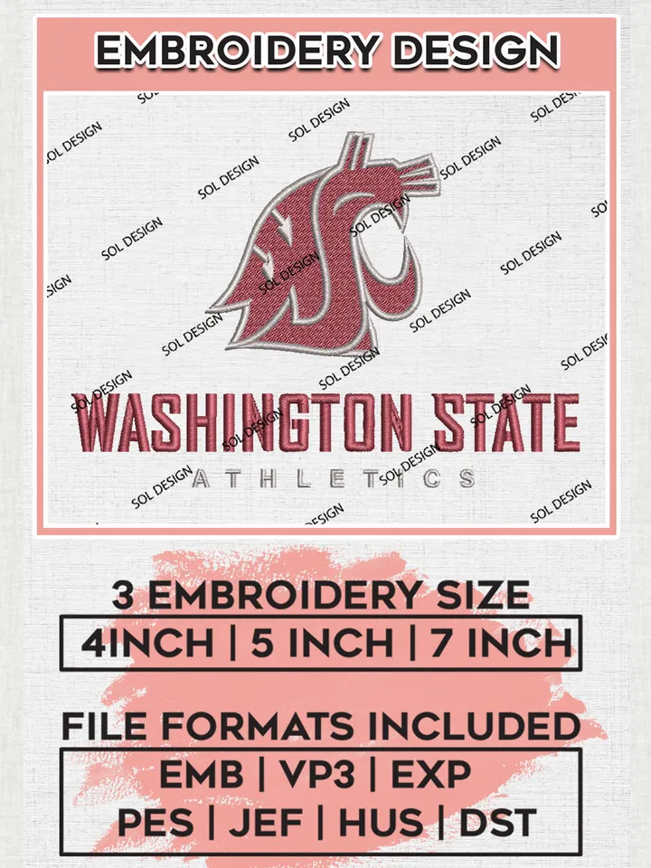 Washington State Athletics Football Team Logo Embroidery Design Files, NCAA Washington State Cougars Machine Embroidery, NCAA Teams, Game Day, 3 sizes, NCAA Machine embroidery designs, Digital Download