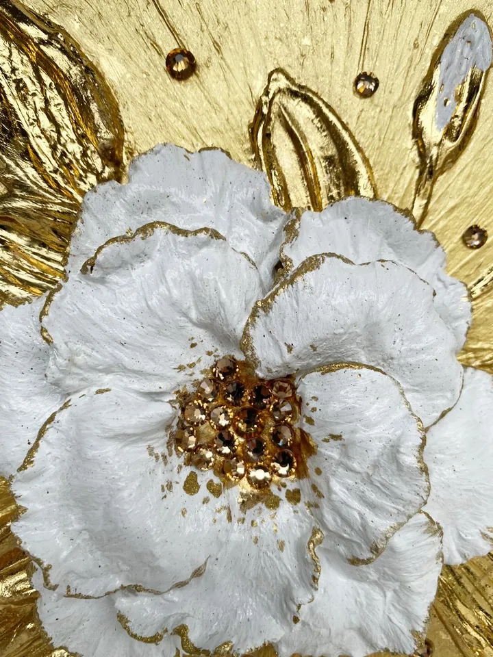 White and Gold Flower art Tea Rose Textured artwork Floral painting by Juliya JC
