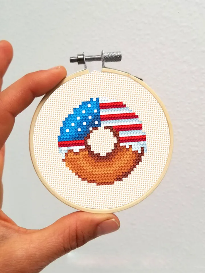 American flag donut cross stitch pattern PDF download Independence Day 4th of July Patriotic cross stitch chart, Mini food cross stitch #T21