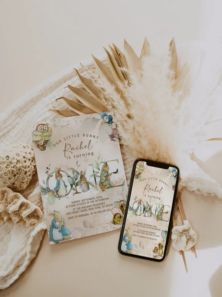 DIY Classic Peter Rabbit First Birthday Invitation; Peter Rabbit neutral birthday any age editable template; tale of peter rabbit pr6