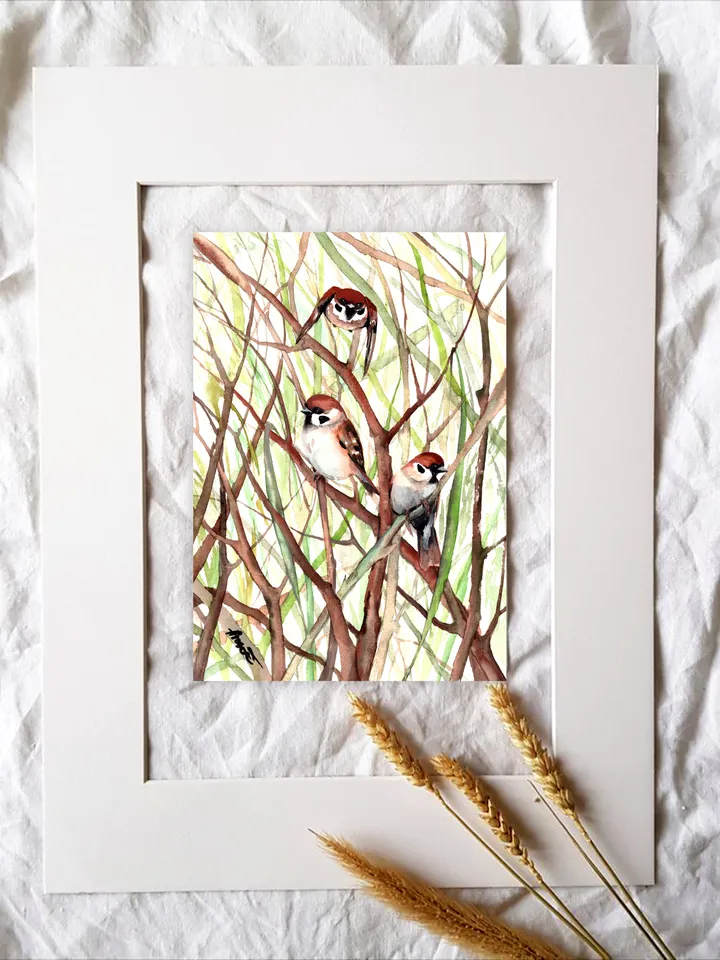 Sparrows Bird Watercolour, bird painting, room decor, wall decor, birds lover gift, 8x11 in handmade art by Anne Gorywine
