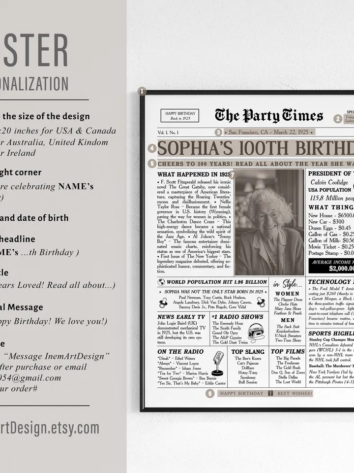 100th Birthday Gift, 100th Birthday Newspaper Sign, 100 Years Ago Back in 1925 Birthday Poster, Gift for Woman, 100th Birthday Decorations