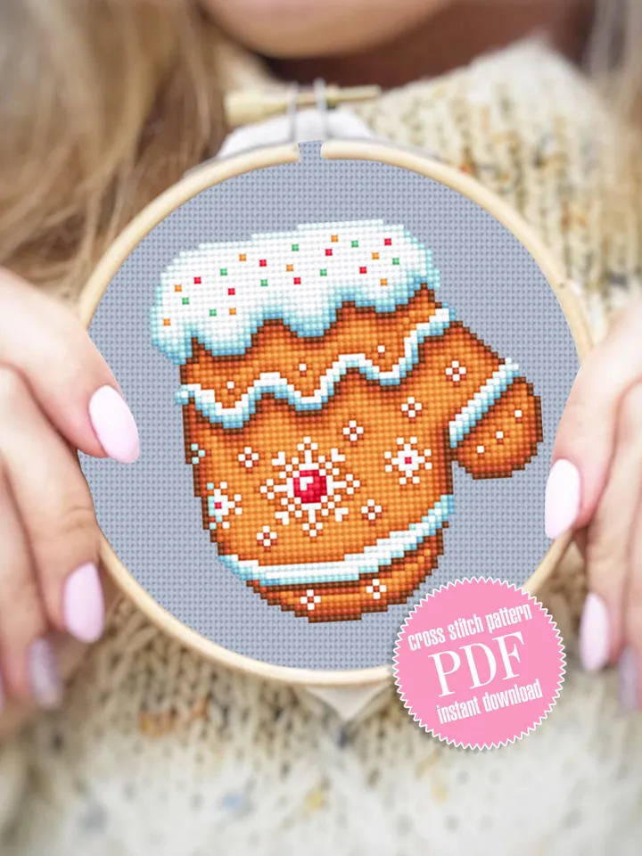 Christmas mitten gingerbread cross stitch pattern download PDF, Christmas gingerbread decor, Small Christmas pattern digital PDF #N141