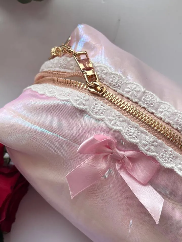 Princess Bow Makeup Bag, Girly cosmetic bag, personal items holder, with a cute lace detail