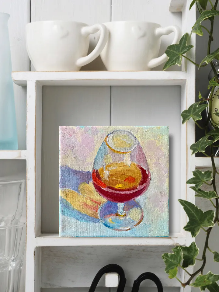 Cognac Painting Original Drink Wall Art Glass of Brandy Oil on Canvas Bar Cart Decor 6"x6"