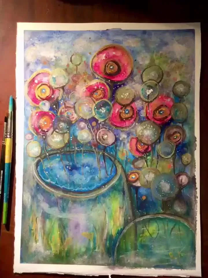 Foreign gardens-original watercolour mix media painting,fantasy flowers wall art,floral landscape,wall decoration,unique gift.