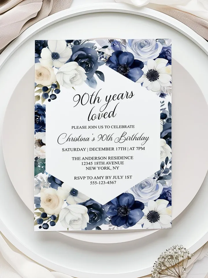 90th Birthday Invitations, Printable 90th Birthday Party Invitation, Navy Blush Floral 90th, 95th Birthday Invite - i133(2)