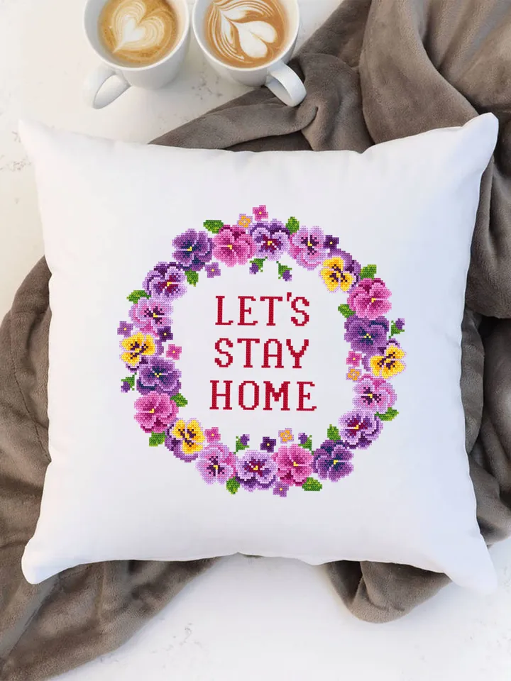 Flower wreath cross stitch pattern Lets Stay Home download PDF, Framed quote cross stitch chart, Floral border cross stitch, Home decor #Q6