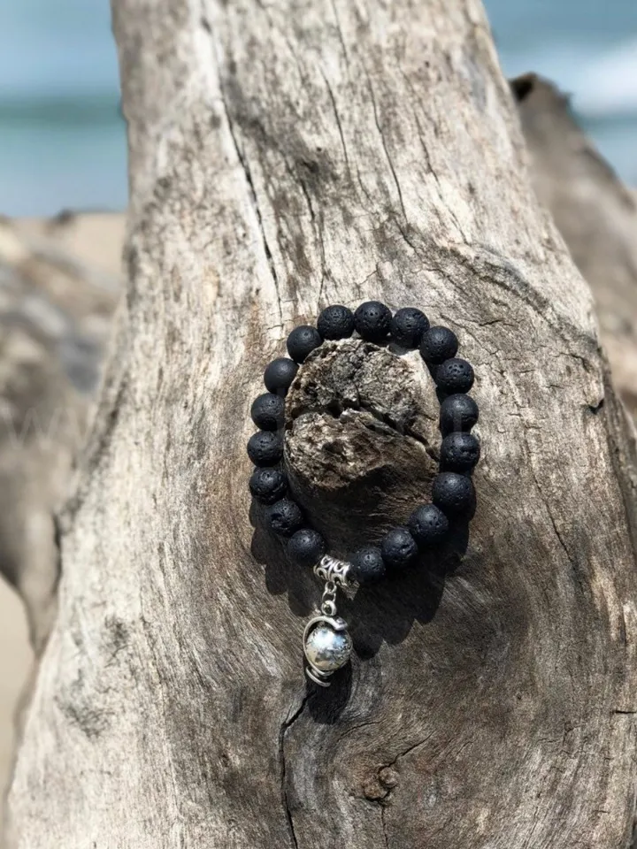 Lava Stone Globe Pendant woman handmade beaded bracelet | Gift for travellers | Spinning Pendant Jewerly | Bali Lava Jewerly Bracelet
