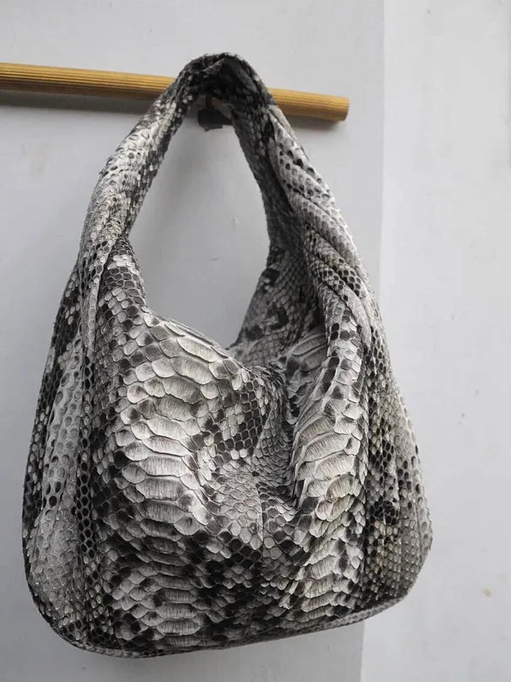 Big Soft Hobo Classy Sport Woman Stitched Bag | Purse Genuine Python Skin | Gray Big Elegant Leather Designer Soft Bag Snake | reptile hobo
