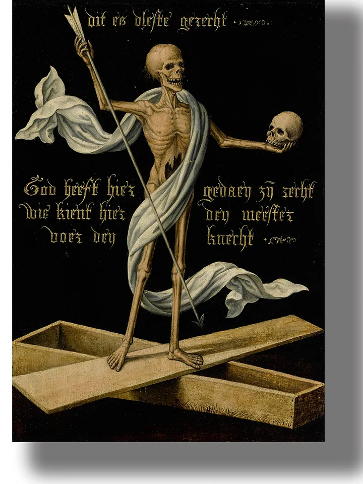 Skeleton on a coffin holding a skull and an arrow.