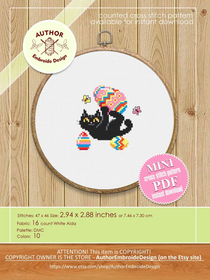 Set Black cat cross stitch pattern PDF download Easter cross stitch chart, Mini cat pattern digital PDF, Easter eggs, Cat holiday cards #T41