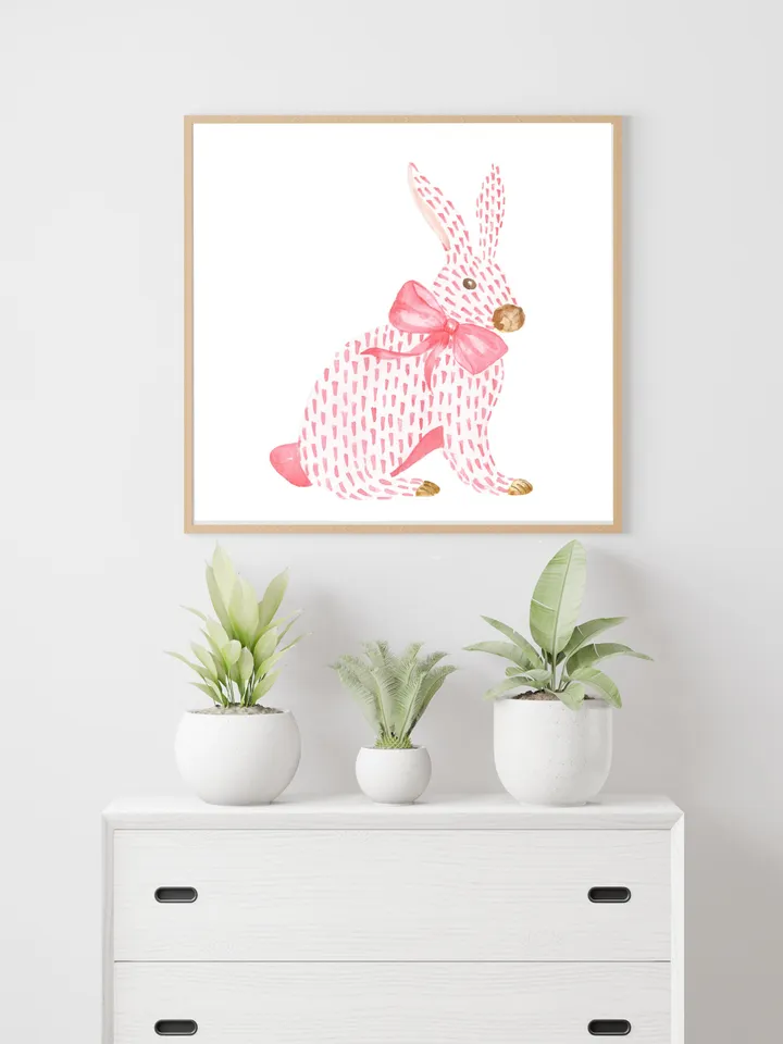 Pink Rabbit and Bow Painting, Watercolor Bunny Print, Pink Bow Art, Chinoiserie Wall Art, Nursery Wall Print, Girls Room Decor, Asian Print