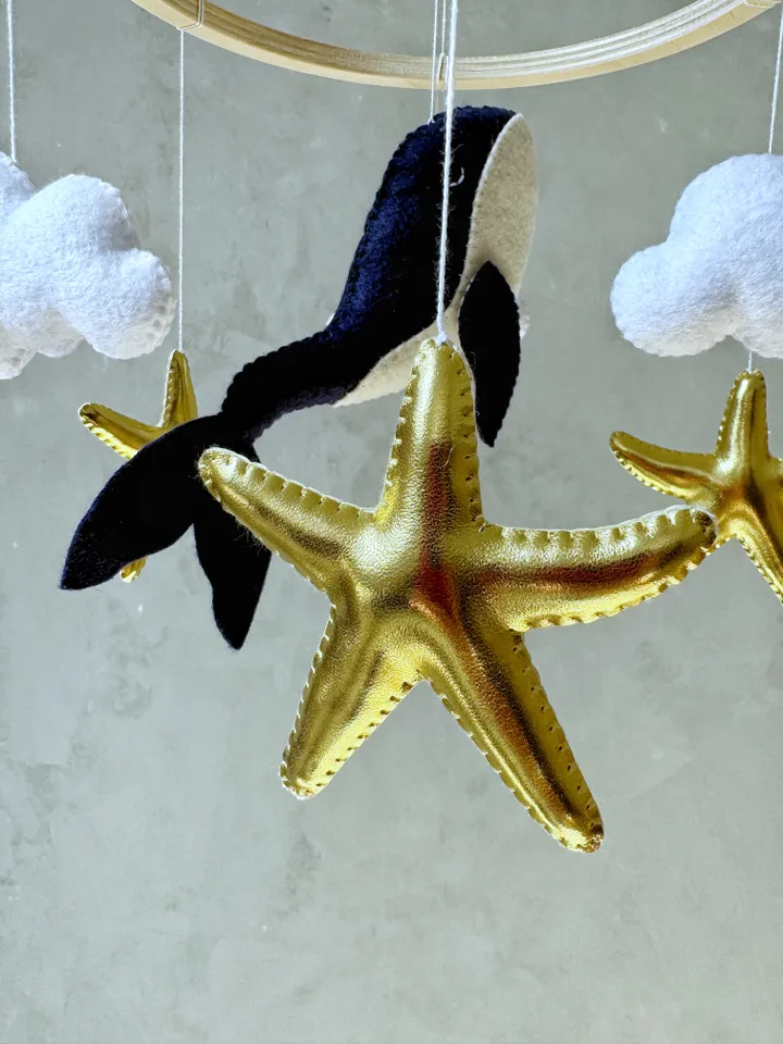 Whale baby mobile golden stars Ocean crib mobile minimalistic