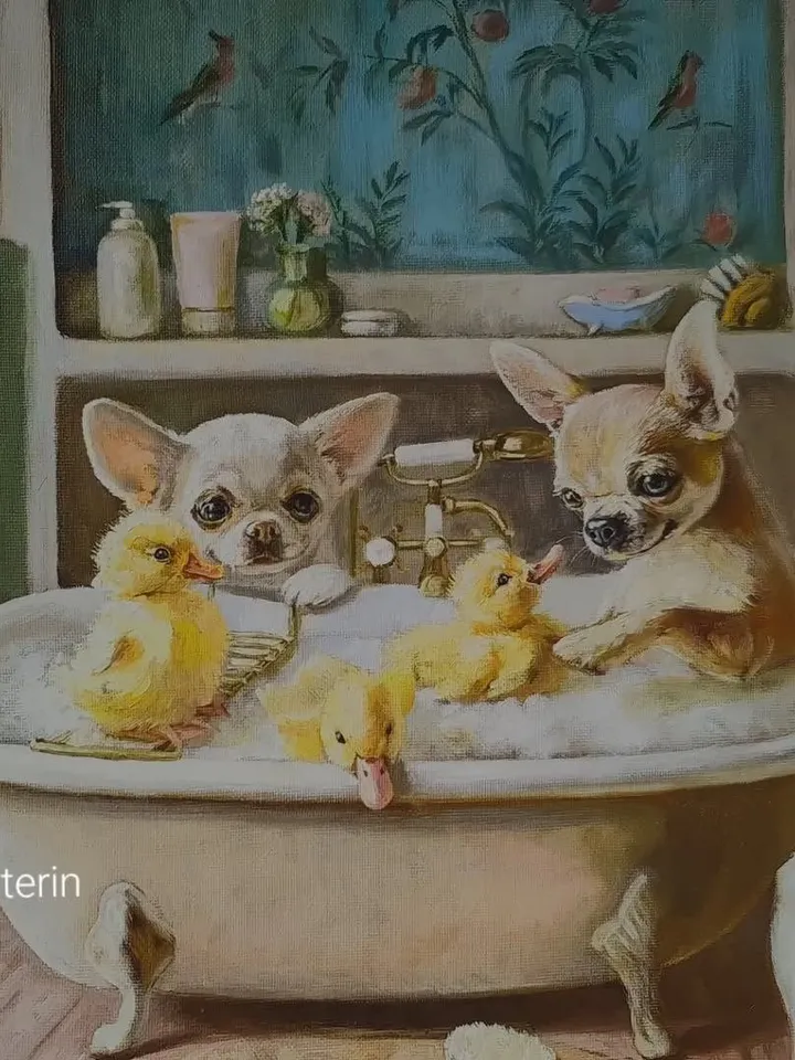 print of oil painting chihuahua "Ducklings in a bath"