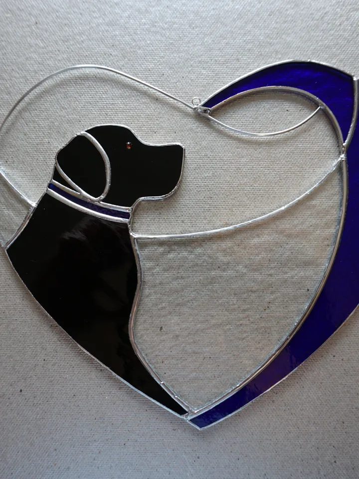 Dog Black Retriever Labrador in Blue Heart . Art Stained glass window hanging Suncatcher . Gift for animal lover , pet loss memorial