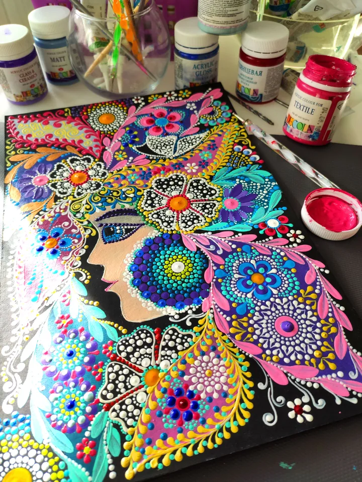 Girl Dot Painting. Floral Portrait Acrylic Original Art 30 by 20 cm / 12 by 8 ''