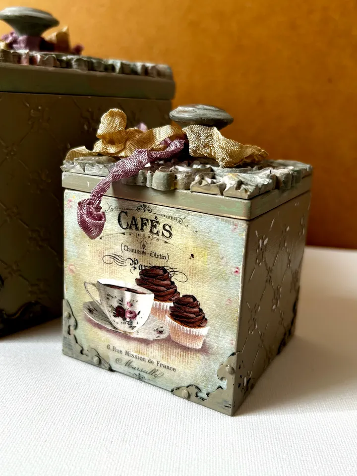 Decoupage boxes in vintage style with cupcakes - Unique Home Decor, Vintage-Inspired Decoupage Decorated Storage Box - Shabby Chic Organizer