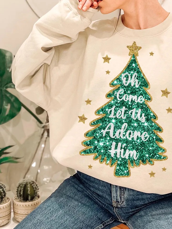 Oh Come Let Us Adore Him, Christmas PNG, Faux Glitter Christmas Tree, Hand Drawn, Hand Lettered, Faux Glitter Sequins, Sublimation Download
