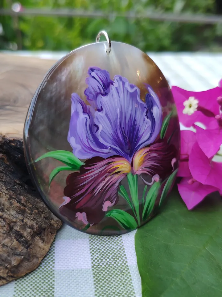 Pearl pendant necklace: Purple iris flower hand painted on dainty necklace • trendy art jewelry fitting for cute dress • fresh floral style