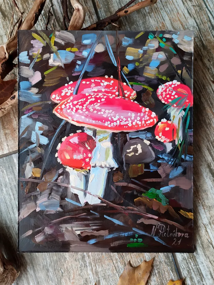 Mushroom painting Fly Agaric Original Art 10 by 8 inches Amanita Wall Art Mushrooms artwork original oil painting