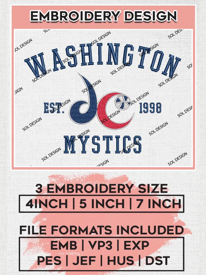 WNBA Washington Mystics Est 1998 Embroidery Files, WNBA Washington Team Embroidery Designs, Basketball Teams, 3 sizes, WNBA Machine embroidery designs, Digital Download