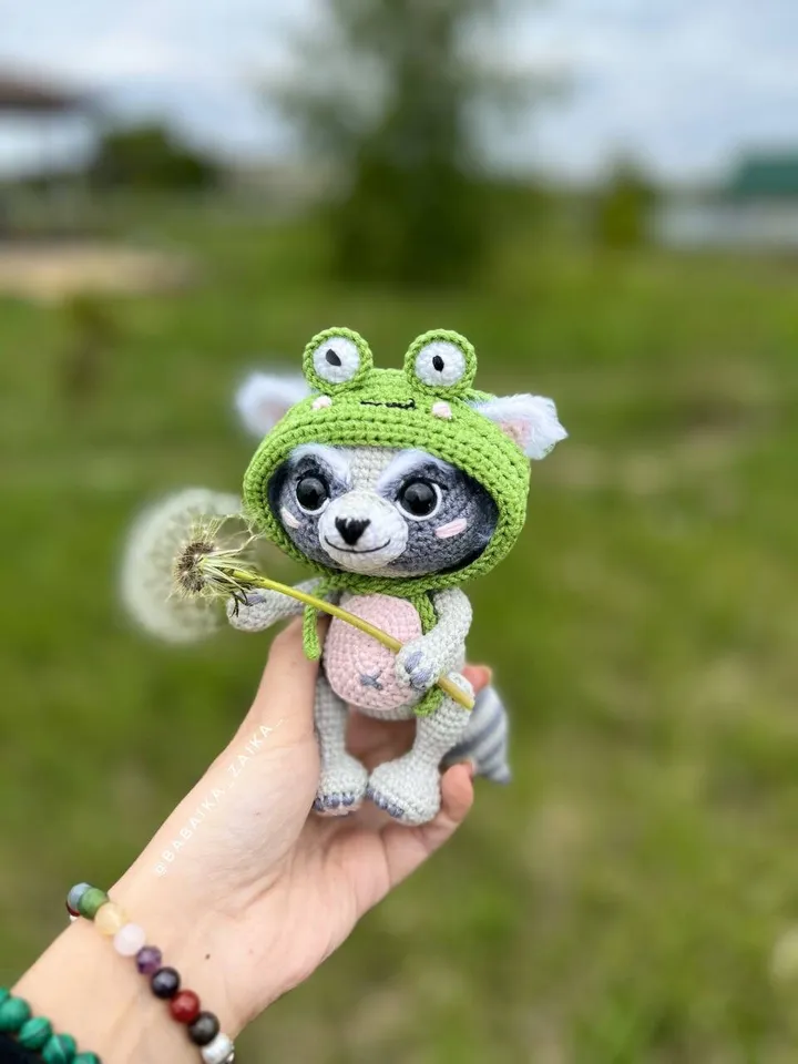 PDF Crochet Raccoon in a Frog Hat Pattern, Amigurumi Animal, Crochet Raccoon Pattern, Amigurumi Frog, Crochet Frog, Raccoon Doll Pattern
