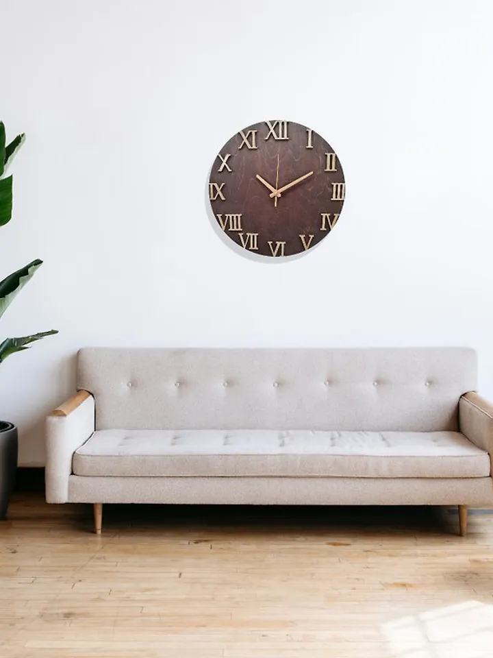 Wooden art wall clock Minimalist clock Large brown clock Silent clock 3D numbers