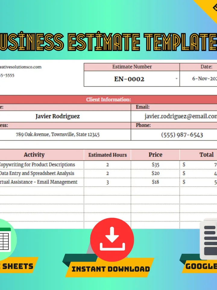 Business Estimate Template, Google Sheets Quote Form, Digital Download, Easy-to-Use Cost Estimate for Small Business Owners