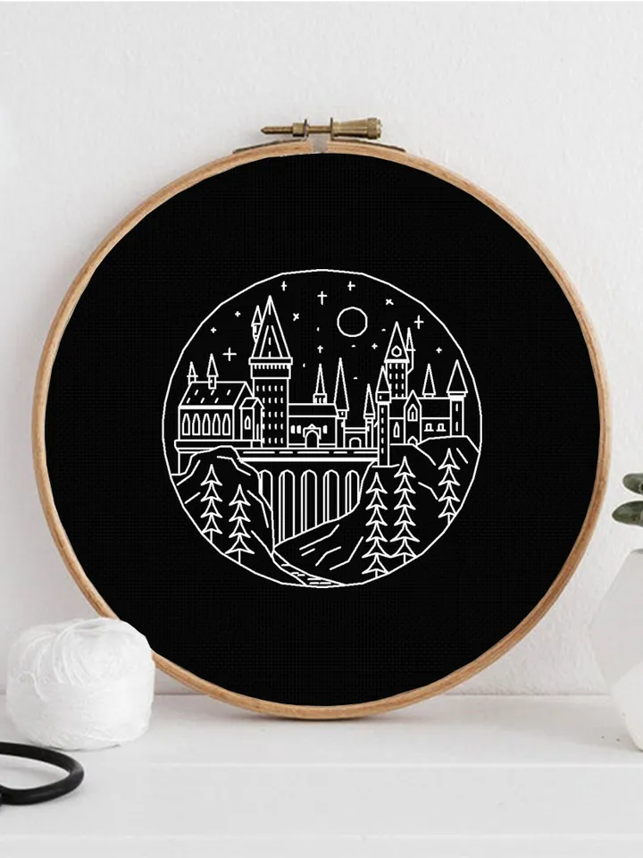 Wizard school blackwork pattern PDF Magic castle cross stitch, Fantasy Wizarding world hand embroidery PDF download, Backstitch chart #W13