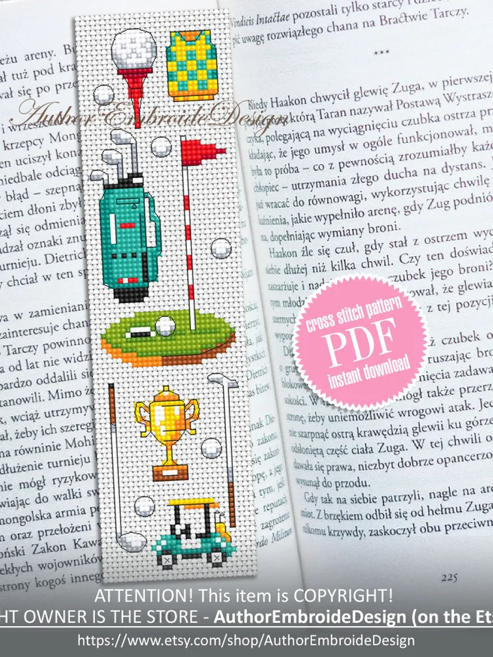 Golf bookmark cross stitch pattern PDF instant download Sport mini cross stitch chart, Modern bookmark pattern digital PDF, Golf gifts #B311